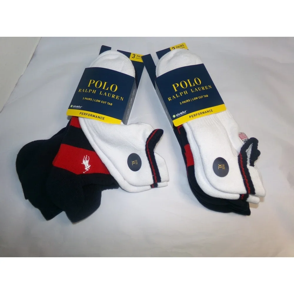 Polo Ralph Lauren Mens 6 Pairs Low Cut Tab Performance Socks XL White Navy Red